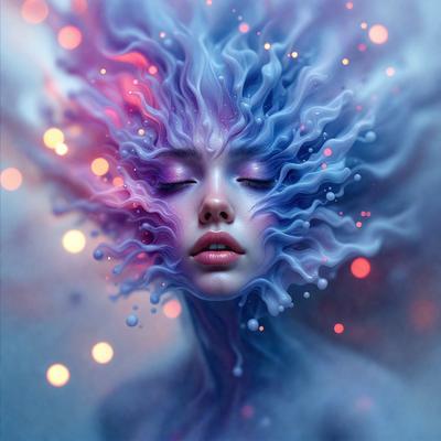 The primary subject of the image is a woman with a unique and artistic appearance. She has a blue and purple face, and her eyes are open. The setting is a space with a backdrop of a purple and blue sky. The visual style of the image is digital art, as it is a computer-generated or digitally created piece. The colors and mood of the image are vibrant and creative, with the woman's face and the sky creating a striking and eye-catching scene.